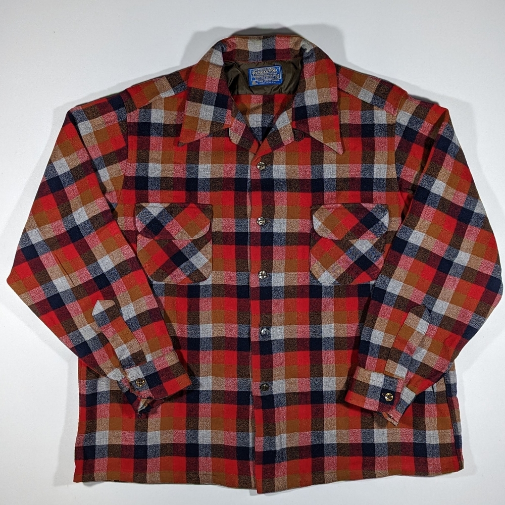Vintage 60’s 70’s Pendleton Shirt Plaid Wool Loop Collar Flap Pocket USA Made XL